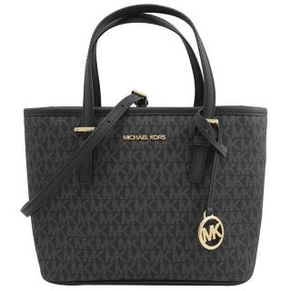 【Michael Kors】圓標LOGO吊飾滿版MK印花手提托特包兩用包(黑灰)