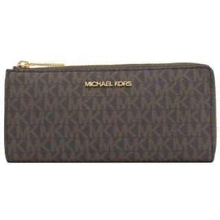 【Michael Kors】經典MK印花拼接L型拉鍊零錢長夾(深咖)