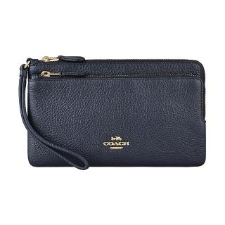 【COACH】COACH金字LOGO荔枝紋牛皮雙拉鍊手拿錢包(午夜藍)