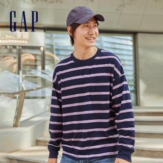【GAP】男裝 厚磅密織 親膚系列 條紋寬鬆長袖T恤(457310-紫色條紋)