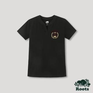 【Roots】Roots女裝-摩登周間系列 桂冠元素修身V領短袖T恤(黑色)