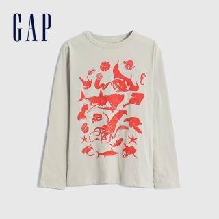 【GAP】男童 純棉印花長袖T恤(427794-灰白色)
