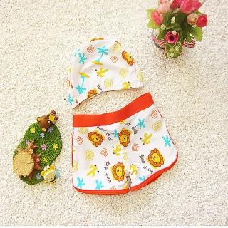 【時尚Baby】兒童泳衣男童泳裝兩件式橘色可愛獅子泳褲含泳帽(男童可愛泳衣兩件式含泳褲和泳帽)