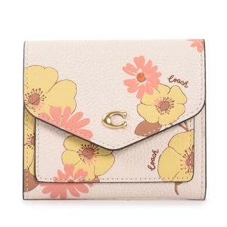【COACH】專櫃款 花卉壓紋皮革三折信封短夾(米白)