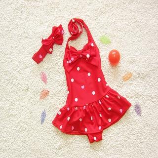 【時尚Baby】兒童泳裝女童泳裝紅色點點連身泳衣含髮帶(女童泳衣2件式含泳帽連身泳衣裙襬式泳裝)