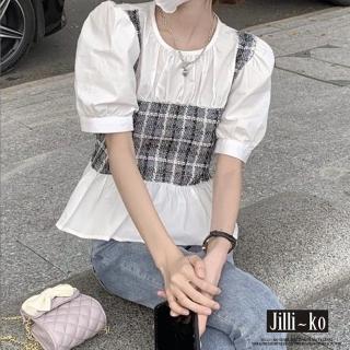 【JILLI-KO】韓版時尚質感格紋馬甲造型泡泡袖上衣-F(白)