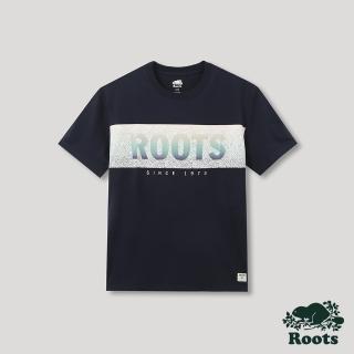 【Roots】Roots 男裝- 山林漫步系列 漸層裂紋LOGO短袖T恤(藍色)