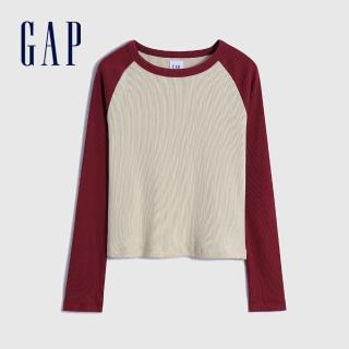 【GAP】女裝 女友T系列 純棉羅紋針織緊身短版長袖T恤(450802-紅色拼接)