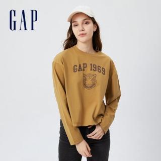 【GAP】女裝 厚磅密織 水洗棉系列 Logo長袖T恤(445769-薑黃色)