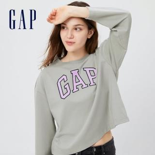 【GAP】女裝 厚磅密織 水洗棉系列 Logo長袖T恤(445769-灰色)