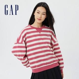 【GAP】女裝 碳素軟磨 法式圈織系列 Logo條紋休閒上衣(445498-粉色條紋)