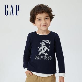 【GAP】幼童裝 布萊納系列 Logo純棉長袖T恤 男女同款(430231-藏青色)