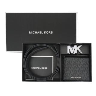 【Michael Kors】GIFTING 男生荔枝紋滿版LOGO雙面皮帶/禮盒(少見款式限量上架)