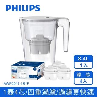 【Philips 飛利浦】AWP2941超濾濾水壺帶計時器-長效版3.4L +AWP211*1超值組-共1壼4芯(AWP2941-1B1F)