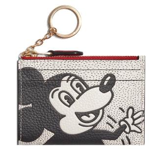 【COACH】Disney聯名款復古米奇印花卡夾鑰匙零錢夾(白紅)