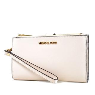 【Michael Kors】金字小LOGO防刮皮革對折釦式手掛手拿/手機包-乳白色