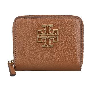 【TORY BURCH】TORY BURCH Britten 金屬大雙T LOGO荔枝紋皮革壓釦式拉鍊短夾(駝)