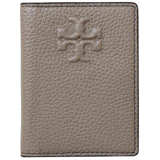 【TORY BURCH】THEA 經典縫線LOGO荔枝紋皮革名片夾(大象灰)