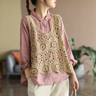 【漂亮小媽咪】夏日中大尺碼勾花鏤空無袖背心短款馬甲背心外套實拍文