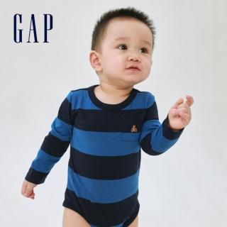 【GAP】嬰兒 布萊納系列 小熊刺繡長袖包屁衣(429369-藍色條紋)