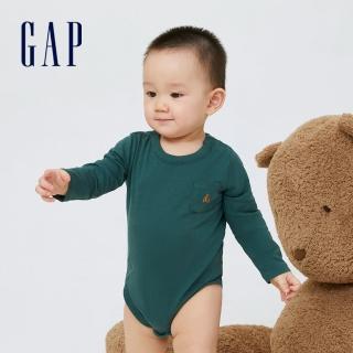 【GAP】嬰兒 布萊納系列 小熊刺繡長袖包屁衣(429369-森林綠)