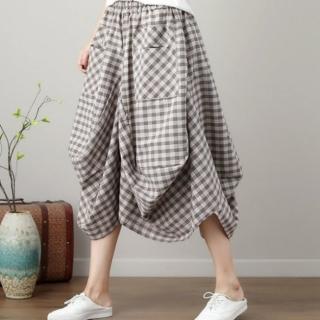 【漂亮小媽咪】春夏原創設計燈籠裙棉麻大方格口袋花苞長裙縮緊不規則