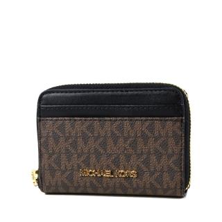 【Michael Kors】緹花LOGO防刮皮革拉鍊零錢包/卡包-咖啡黑