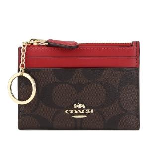 【COACH】PVC LOGO拉鍊證件零錢鑰匙包(咖啡/紅)