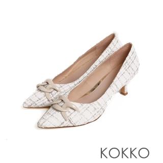 【KOKKO 集團】歐美精品感毛呢鎖鍊尖頭跟鞋(米色)