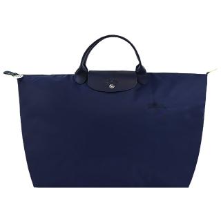 【LONGCHAMP】LE PLIAGE GREEN系列刺繡短把再生尼龍摺疊旅行袋(大/海軍藍)