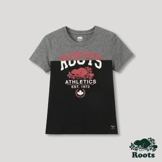 【Roots】Roots女裝-運動派對系列 撞色海狸LOGO短袖T恤(灰色)