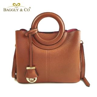 【BAGGLY&CO】質感真皮荔枝紋手工圓形提把側背包-焦糖色(三色)