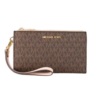 【Michael Kors】雙拉鍊滿版MK防刮皮革金字手拿手機長夾(咖啡/花粉)