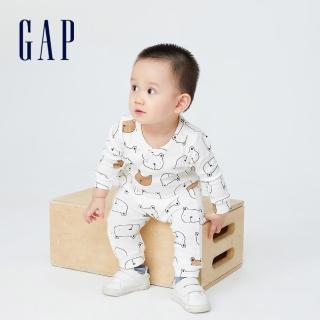 【GAP】嬰兒 純棉印花長袖包屁衣/連身衣(455837-白底小熊)