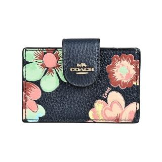 【COACH】COACH金字LOGO花卉圖案荔枝紋牛皮壓扣式卡夾包(午夜藍x多色)