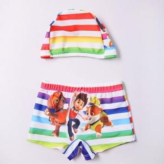 【時尚Baby】兒童泳衣男童泳裝兩件式彩色可愛狗狗泳褲含泳帽(男童可愛泳衣兩件式含泳褲和泳帽)