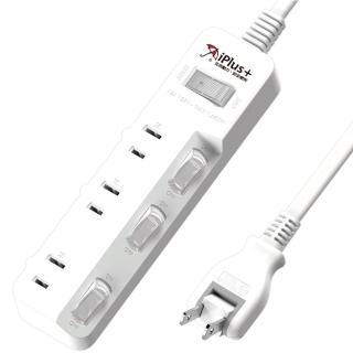 【iPlus+ 保護傘】4切3座防火抗雷擊180度插頭延長線4.5m(PU-2436.台灣製)