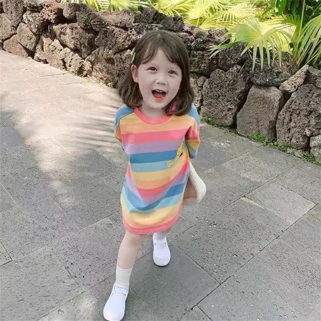 【安朵童舖】現貨夏季韓版彩虹笑臉甜美風連身裙小洋裝兒童T恤裙子女童裙連衣裙童裝(8/22/35)