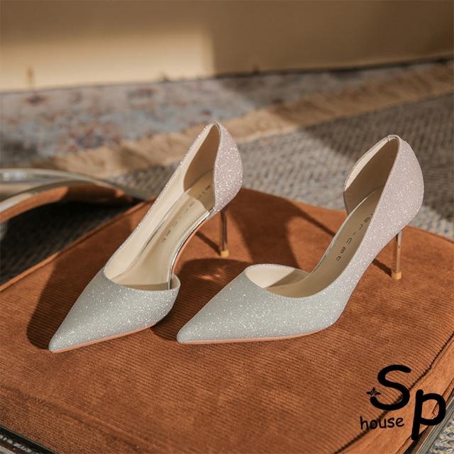 【Sp house】漸層春天亮片淺口尖頭細高跟鞋(2色可選)