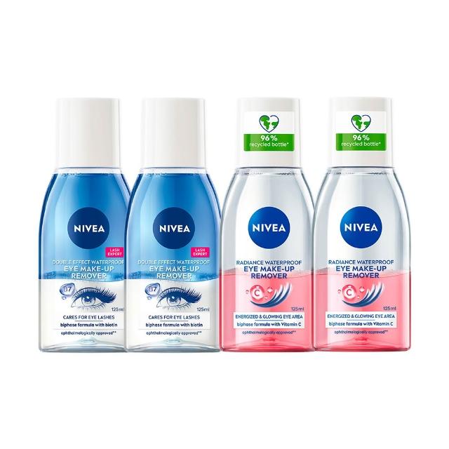 【NIVEA 妮維雅】極淨深層/透亮眼部卸妝液125mlx4入(5秒潔淨藍眼唇卸/粉眼唇卸 敏感肌適用)