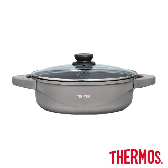 【THERMOS 膳魔師】獨家專售_不鏽鋼含蓋單柄炒鍋28cm+不沾鍋雙耳附蓋壓鑄鴛鴦火鍋28cm(LPD-28HB-S+TFP-P28)
