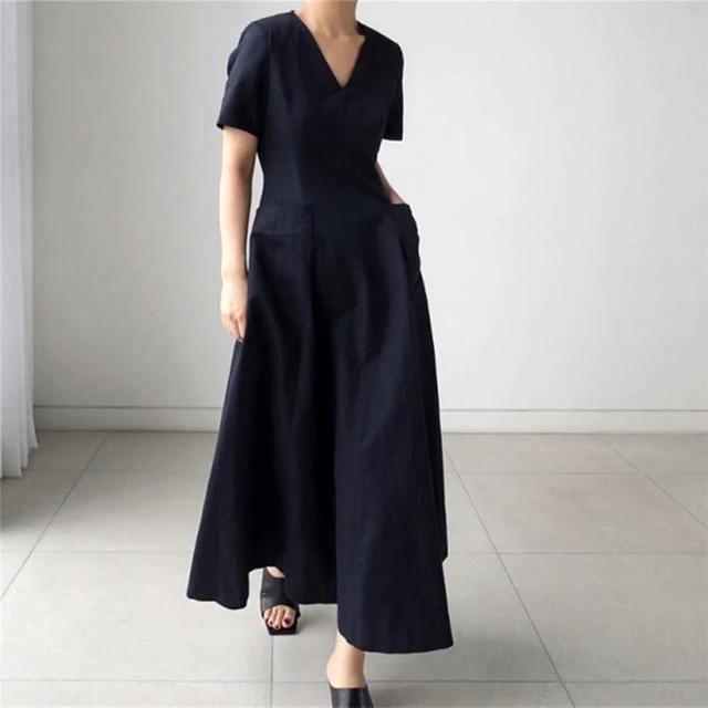 【巴黎精品】極速出貨 洋裝短袖連身裙亞麻棉麻大尺碼女裝(V領簡約長版純色女裙子2色a1au13)