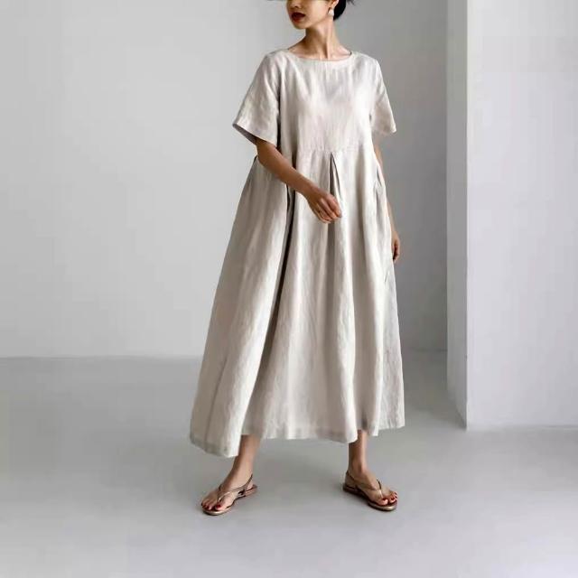 【巴黎精品】極速出貨 洋裝短袖連身裙亞麻棉麻大尺碼女裝(V領簡約長版純色女裙子2色a1au13)