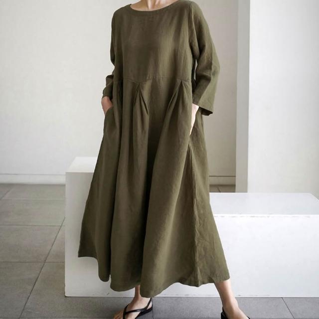 【巴黎精品】極速出貨 洋裝短袖連身裙亞麻棉麻大尺碼女裝(V領簡約長版純色女裙子2色a1au13)