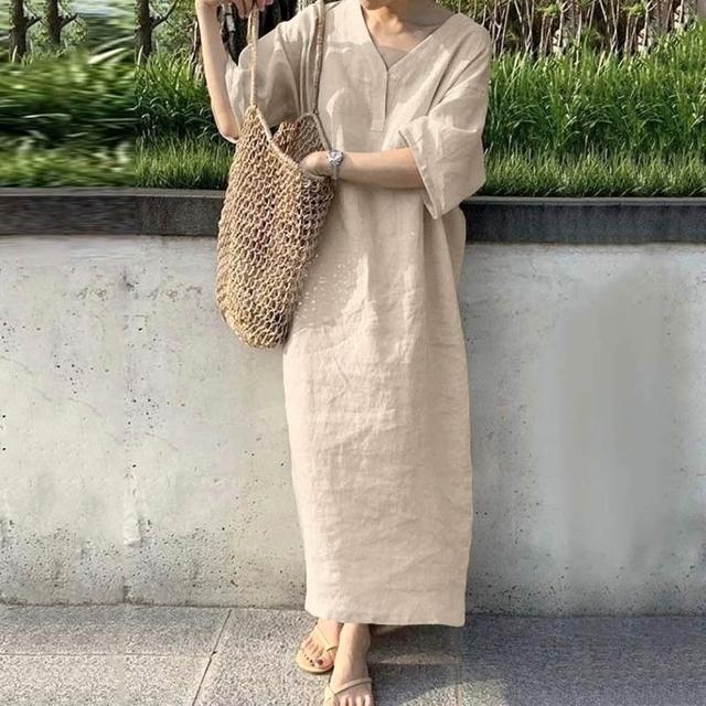 【巴黎精品】極速出貨 洋裝短袖連身裙亞麻棉麻大尺碼女裝(V領簡約長版純色女裙子2色a1au13)