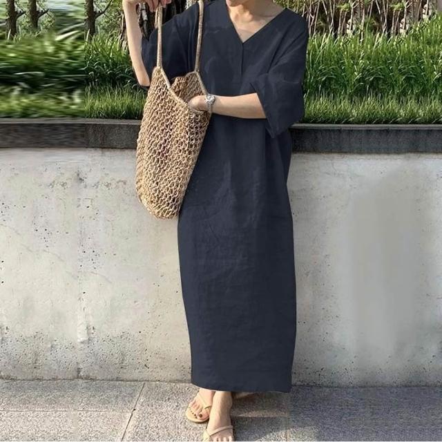 【巴黎精品】極速出貨 洋裝短袖連身裙亞麻棉麻大尺碼女裝(V領簡約長版純色女裙子2色a1au13)