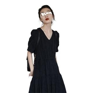 【巴黎精品】現貨+預購 洋裝短袖連身裙(法式V領抽繩女裙子3色a1bs33)