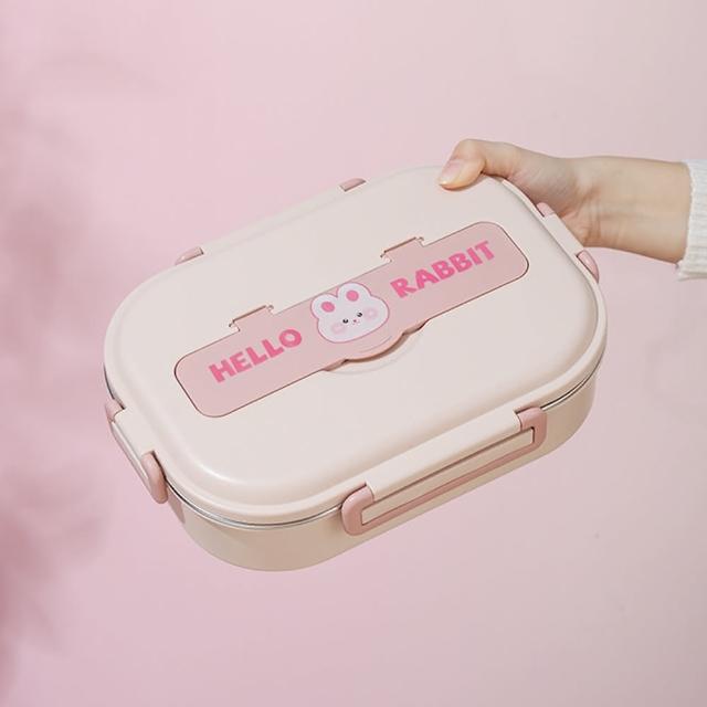 【Mega】可愛粉色小兔五格便當盒 學生分隔便當盒 附餐具+湯碗(飯盒 餐盒 保溫 餐盤 便當袋需另購)