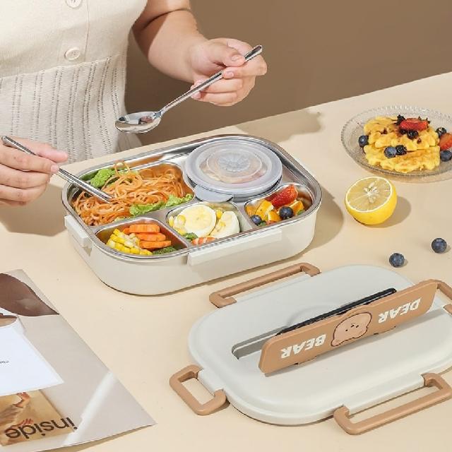 【Mega】可愛粉色小兔五格便當盒 學生分隔便當盒 附餐具+湯碗(飯盒 餐盒 保溫 餐盤 便當袋需另購)