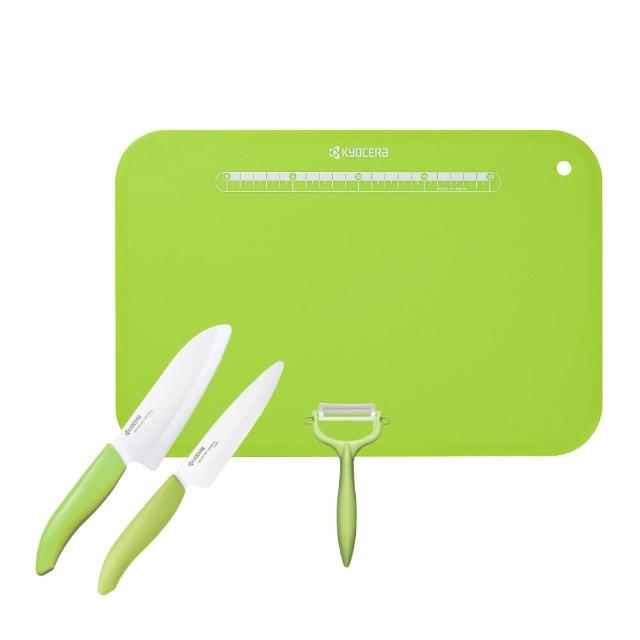 【KYOCERA 京瓷】陶瓷刀14+11cm/砧板/削皮器-超值四件組顏色任選(原廠總代理)